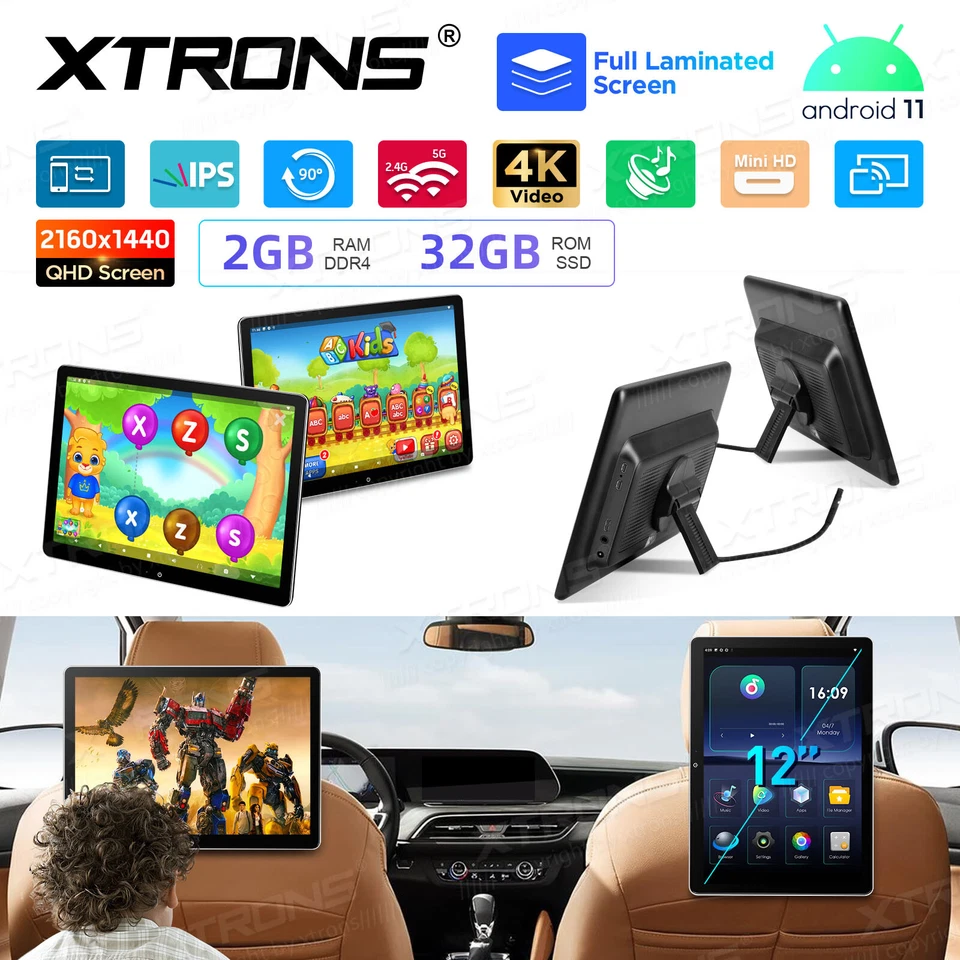 Auto Kopfstütze Monitor Android 12" HDMI 2160*1440 QHD 4K Video TouchScreen HD - Bild 1 von 4