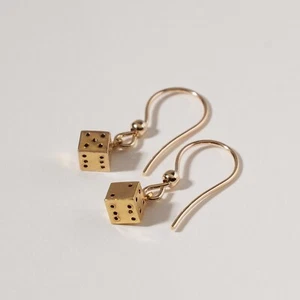 9ct Yellow Gold Dice Drop Charm Hook Earrings Dangle Lucky Small Cube Minimal - Picture 1 of 6
