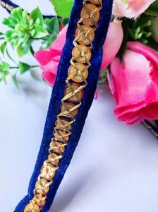 1yard new Indian royal blue Velvet Ribbon Trim lace With Gold Sequin Work - Picture 1 of 6