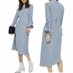 Topshop midi asymmetric hem ruched sleeves slit side open back women Size 6 blue - Picture 1 of 13
