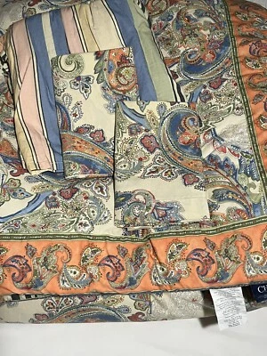 CHAPS CORAL SANDS Paisley Stripe Comforter Bed Skirt Pillow Shams King Size RARE - Image 1 of 4