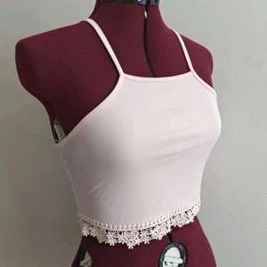 Small Medium Soft Pink Floral Lace Hem Trim Halter Crop Top Spaghetti Strap - Picture 1 of 8