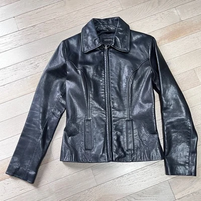 Chaqueta Guess Vintage Para Mujer Mediana Negra Cuero Genuino Moto Y2K Foto 1 de 4
