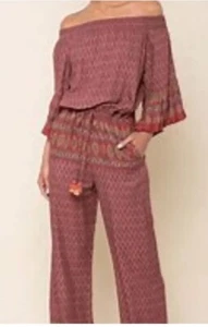 RAGA Women’s NWT Size Medium Avah Burgundy Paisley Off the Shoulder Jumpsuit - Picture 1 of 19