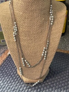 Silver Tone Super Long faux pearl necklace stations double triple 64" Layer - Picture 1 of 3
