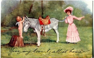 1903 Donkey, Lady, & Cupid Embossed PostCard H.M. Pollack and H.H. Tammen 811 A1 - Picture 1 of 2