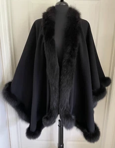 Vtg Marvin Richards 100% Lambswool Black Cape / Poncho With Fur Trim - Picture 1 of 16