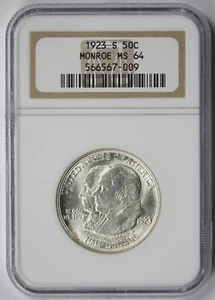 1923-S Monroe Silver Commemorative Half Dollar 50C MS 64 NGC - Picture 1 of 4