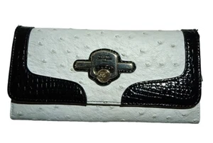 Guess Monogramm leichte cremefarbene und schwarze dreifach faltbare Geldbörse Clutch mit Reißverschluss 7,5 Zoll - Bild 1 von 5