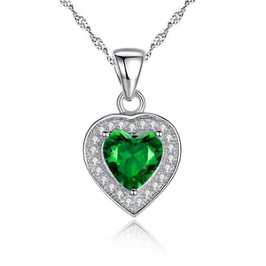 Heart Shaped Sterling Silver 1.6 CT Simulated Emerald Pendant For Mother's Day - Picture 1 of 9