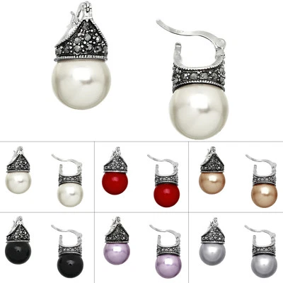 Vintage Glass Pearl Drop Earrings with Hematite Crystal, Rhodium Plated - Image 1 of 2