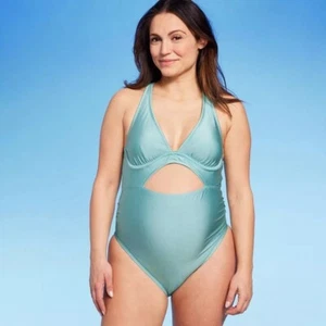 Ingrid & Isabel Maternity XXL Metallic Baby Blue Cut Out Front 1 Pc Swimsuit - Picture 1 of 6