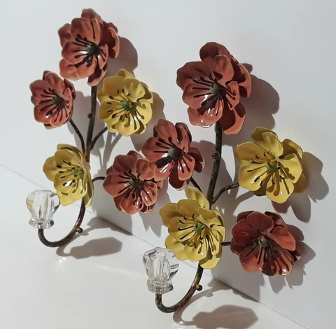 Vintage Set of 2 Yellow & Orange Flower Metal Wall Hook With Decorative Knob Cover