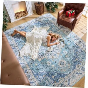 5x7 Washable Rugs for Living Room 5x7 Vintage Low Pile Faux Wool Rug Non Slip - Picture 1 of 7
