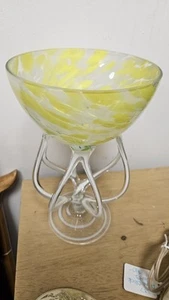 Jozefina Krosno Art Glass Bowl Compote Jelly-Fish Octopus Design Yellow/White - Picture 1 of 5