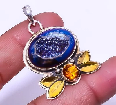 Colgante Titanio Azul Ágata Drusy Plata de Ley 925 Dos Tonos 1.72" A383 Foto 1 de 4