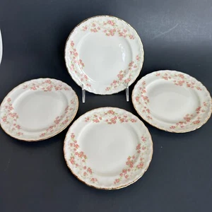 Pope Gosser FLORENCE 4 Bread Plates Pink Rose Garland Scalloped Gold Edge 1944 - Picture 1 of 4