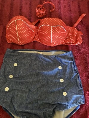 TRAJE DE BAÑO RETRO INSPIRADO EN LOS AÑOS 50 VINTAGE DE 2 PIEZAS NUEVO MEDIANO ROJO BLANCO AZUL Foto 1 de 2