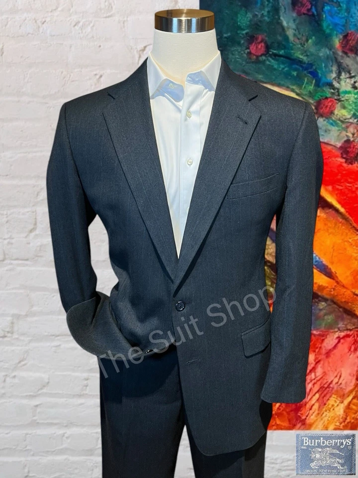 Traje Burberry G2U Vintage 42L 34x31 Gris Carbón Azul Cobalto Real Rayas Flann Foto 1 de 4