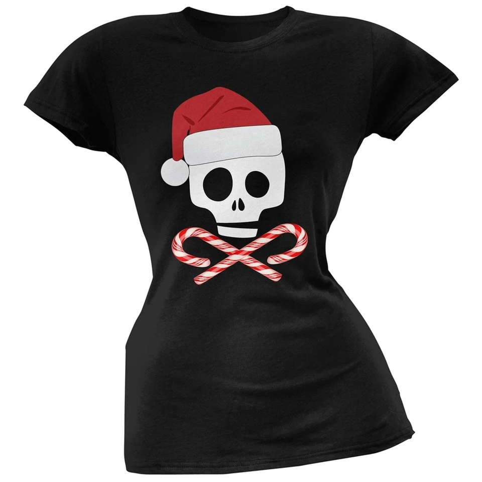 Camiseta Top Navidad Calavera y Cruz Bastones de Caramelo Santa Negra Suave Juniors Foto 1 de 1