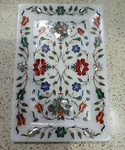 9"x12" White Marble Inlay Serving Tray Carnelian Stone Handmade Art Kitchen Deco - Picture 1 of 8