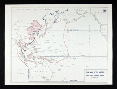 WWII Map 131 Japan Expansion Thailand Manchuria China East Indies Aug 1942 WW2 - Image 1 of 2