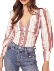 Neu ohne Etikett Reformation rot gestreift 100 % Leinen Puffärmel Finnegan Shirt Top Größe 4 - Bild 1 von 12