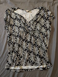Christine Gerard Top Damen XL schwarz Blätterprint Kurzarm Shirt Vintage - Bild 1 von 7