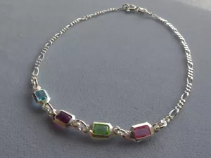 10" ANKLE BRACELET STERLING SILVER FIGARO + MULTI COLOR CRYSTALS ITALY 925 - Picture 1 of 9
