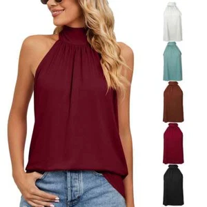 Summer Women Sleeveless Tie Halter Neck Tops Loose Casual Tank Top Blouse Shirts - Picture 1 of 17