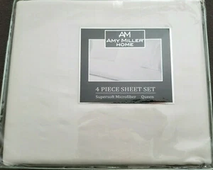QUEEN SHEETS AMY MILLER HOME 4 PIECE SHEET SET MICROFIBER NEW WHITE BED SHEETS - Picture 1 of 2