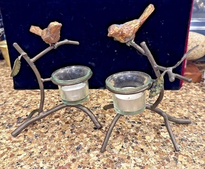 Pair Bronze and Brass Votive Gilt Sparrow on a Branch Anthropologie Candle Votif - Picture 1 of 13