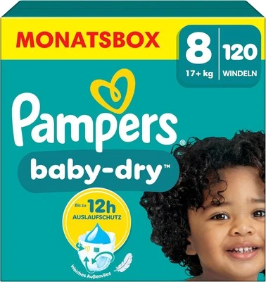 Pampers Baby-Dry Größe 8, 120 Windeln, 17kg+, bis zu 100 Prozent Auslaufschutz