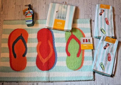 Celebrate Summer Flip Flops Shower Curtain Rug Towels & Soap Pump Bathroom Set - Image 1 of 4