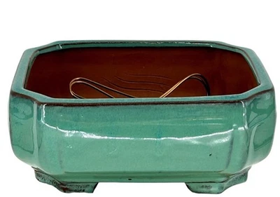Light Green Ceramic Bonsai Pot Rectangle with Indented Corners 8.25"x6.75"x3.5" - Image 1 of 3