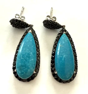 Gorgeous Turquoise & Black Spinel Sterling Teardrop Dangle Earrings India - Picture 1 of 2