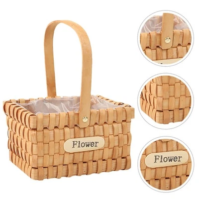 1pc Hand Knitting Flower Flower Wooden Basket Container Flower Basket Decor - Image 1 of 4