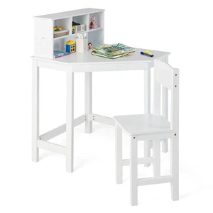 Kids Corner Desk & Chair Set Wooden Study Writing Workstation w/ Storage & Hutch - Picture 1 of 10