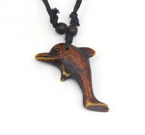 Adjustable Necklace Brown Dolphin Tribal Wood-look Pendant - Picture 1 of 3