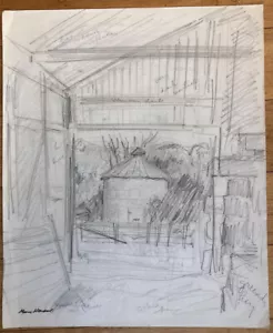 Modernista década de 1940 MARY MEIXNER artista listado Wisconsin con dibujo "Wis Barn" - Imagen 1 de 4