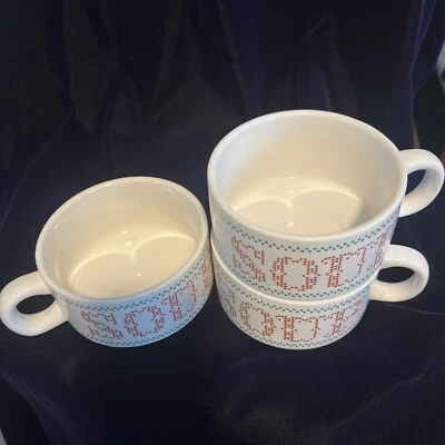 Vintage Cross Stitch Design Soup Mugs Houston Foods Oversized Set of 3 Pre-Owned - Image 1 of 4