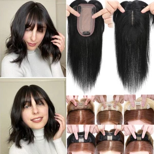 Bangs Topper Clip in 100% Remy human hair extensions Silk Lace Base Hairpiece 8A - Picture 1 of 29