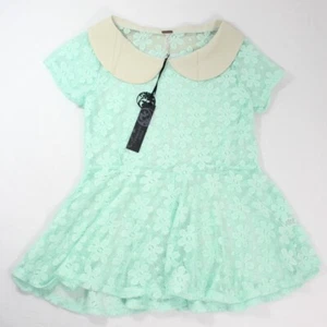 Poof Womens Green Floral Lace Short Sleeve Collared Peplum Shirt Top Size S - Picture 1 of 7