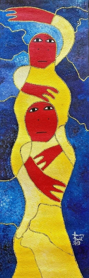 Оригинальная картина гаитянского художника Левоя изгнание, пуантилизм - две фигуры - Изображение 1 из 4