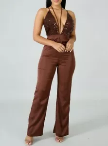 WOMEN'S SATIN JUMPSUIT SEQUINS UPPER BODY ZIPPER BACK WIDE LEG MA8547 - Picture 1 of 5