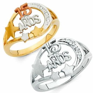 14k Solid Gold Moon/Star Quince 15 CZ Solar System Quinceañera Ring Oro Anillo - Picture 1 of 5