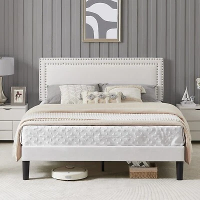 Upholstered Twin/Full/Queen Size Bed Frame Platform with Headboard Wooden Slat - Image 1 of 4