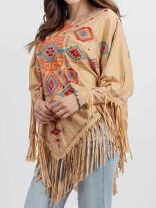 Montana West American Bling Shawl Aztec Western Fringe Poncho Tan - Picture 1 of 4