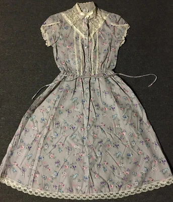 Vtg 70s Floral Prairie Dress 7 Boho Lace Cottagecore Flower Country Hippie Folk - Image 1 of 4