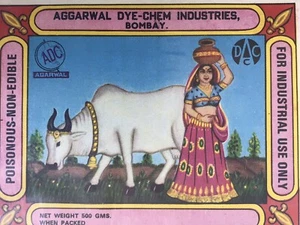 Etichetta litografica indiana mucca donna vaso stampa India tintura artistica. Velenoso - Foto 1 di 2